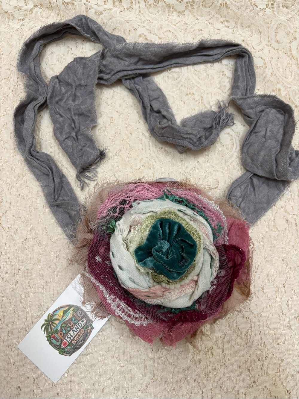 Upcycled Floral Fabric Jabot Necklace - Gray with Pink & Teal Flower
